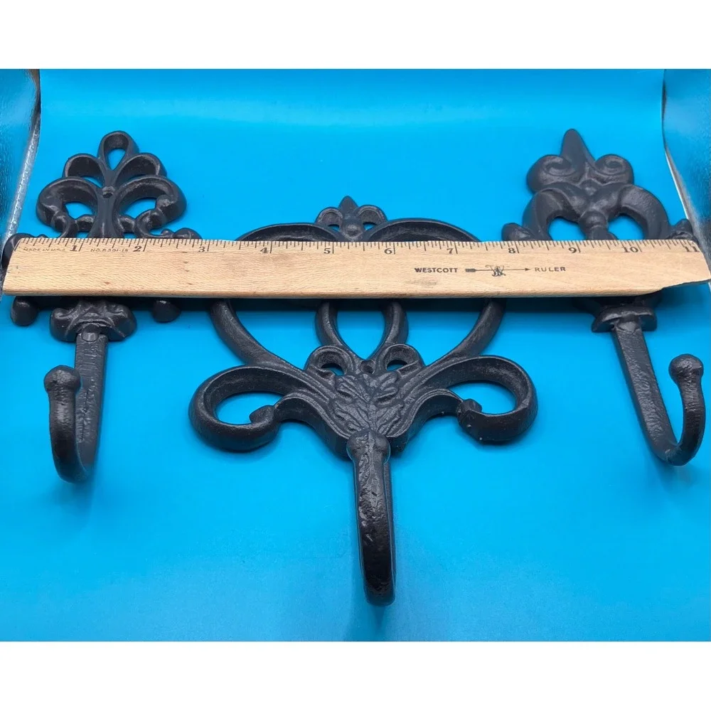 Cast Iron Wall Hooks Black Ornate Fleur De Lis Set of 3